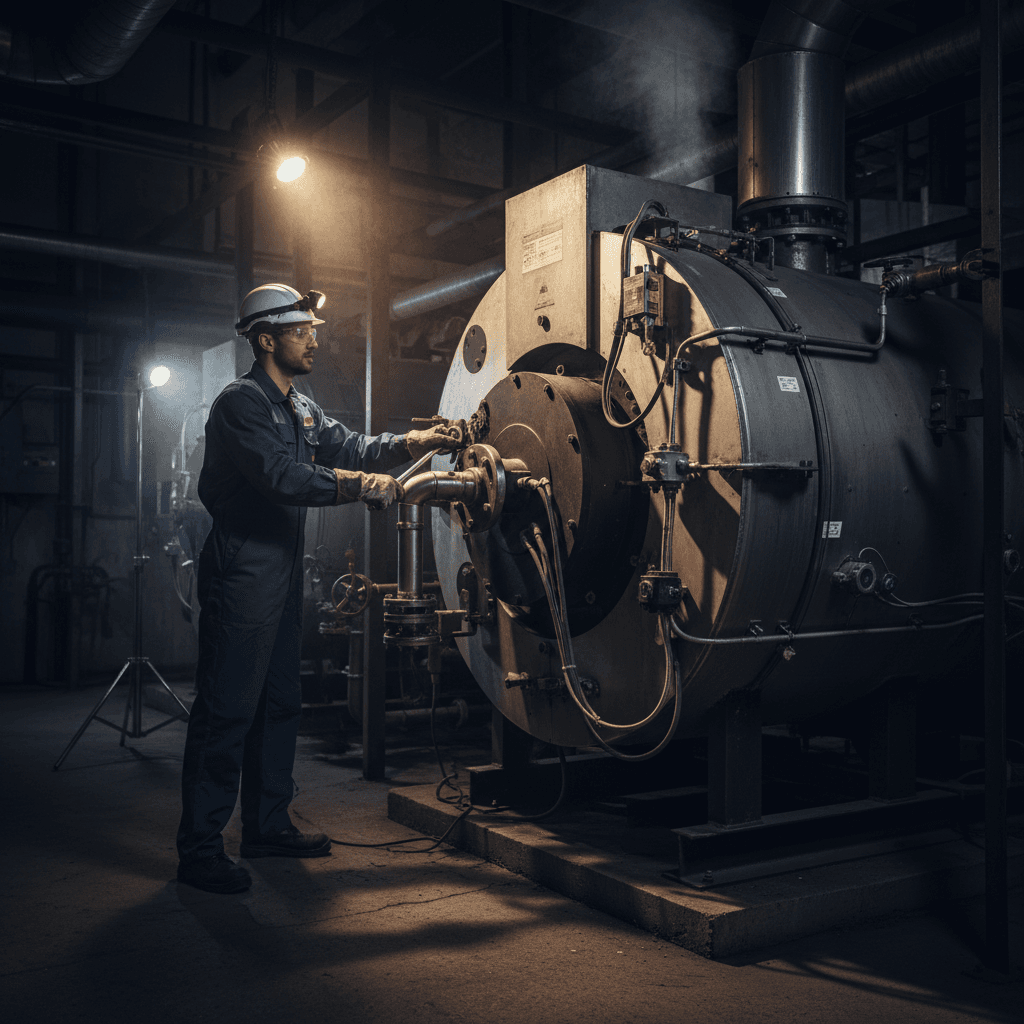 Heating Systems - Technician servicing commercial boiler