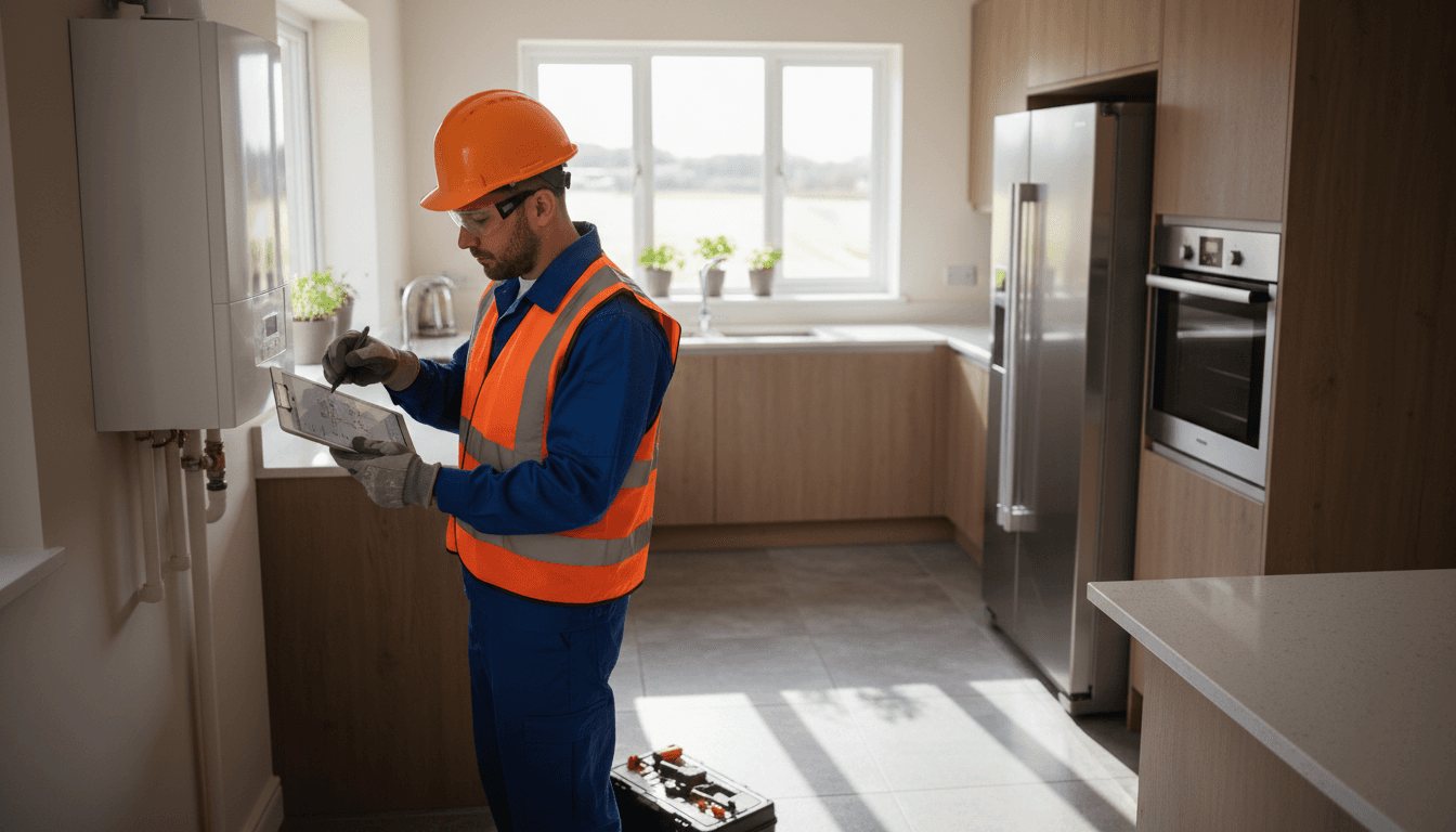 Professional technician inspecting heating and gas systems in a residential property