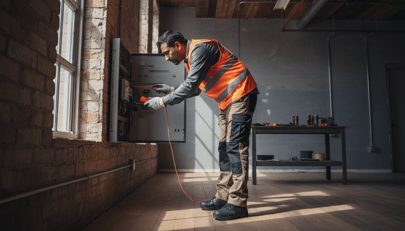 Skilled technician performing electrical inspection at a residential panel box